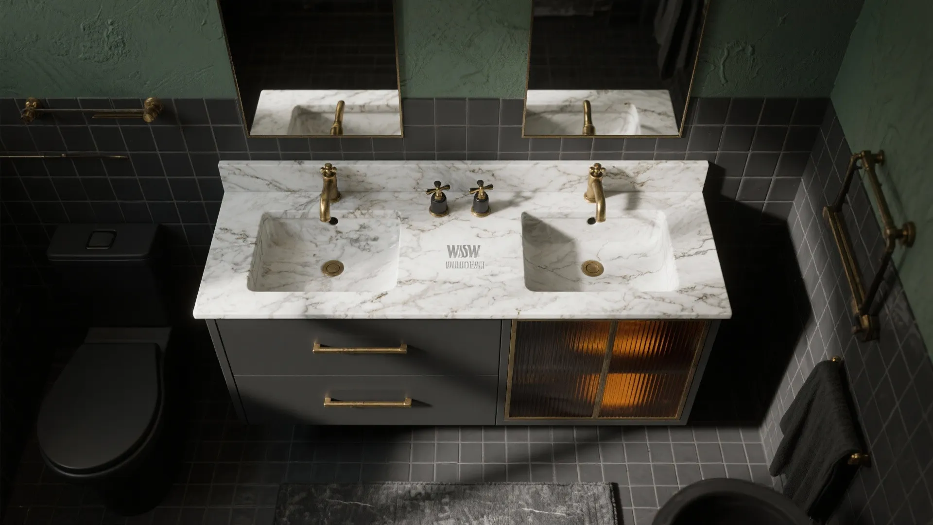 Flat lay of charcoal tile, soapstone-look slab, aged brass hardware, amber glass, and matte black accents for a witchy bathroom.