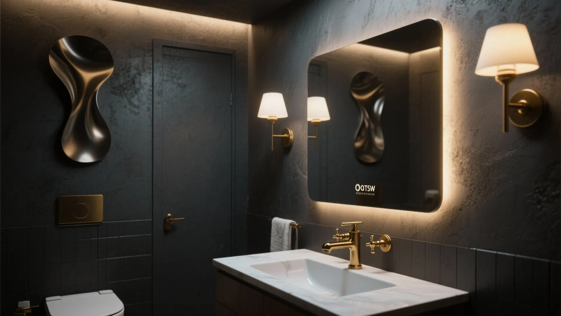 Modern dark bathroom with golden faucet, backlit mirror, wall lights, and white marble sink vanity