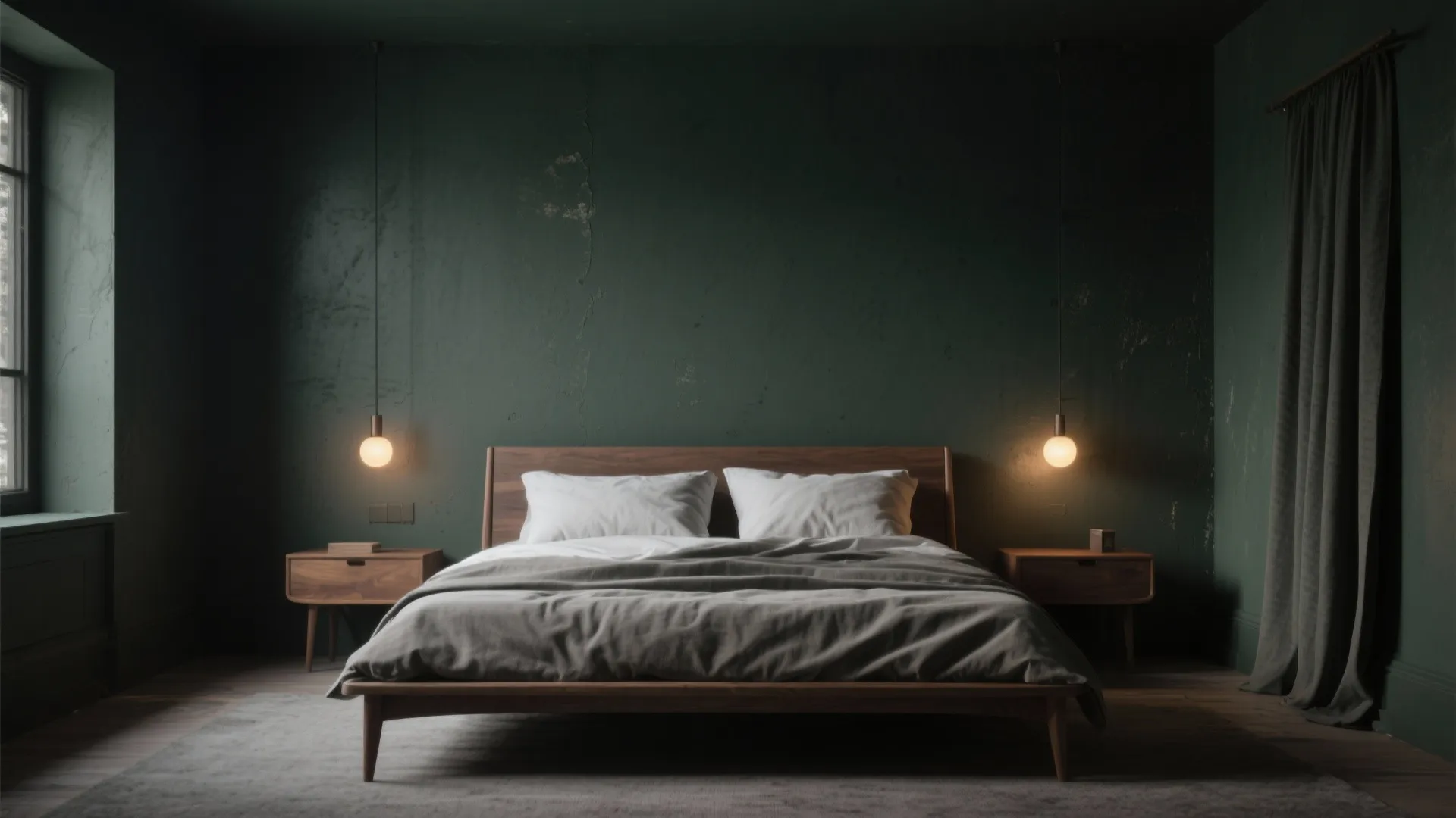 Moody dark green bedroom featuring wooden bed with grey bedding and two hanging light fixtures