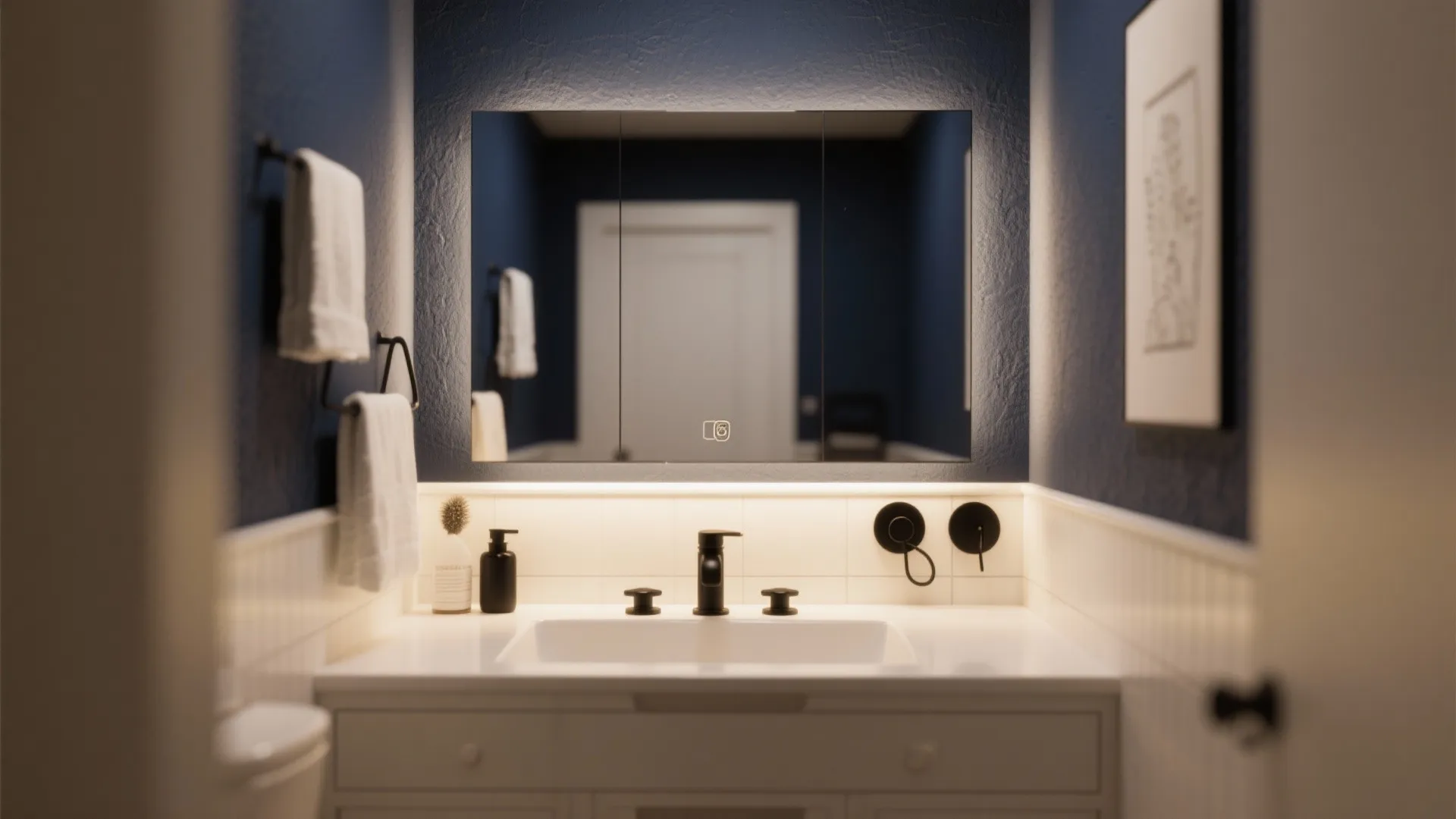 Modern bathroom vanity area with dark blue walls white sink black faucet and lighted wall mirror