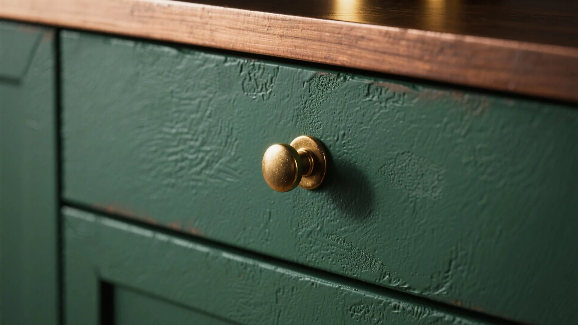 Textured green kitchen cabinet drawer with a small round gold metal knob and wood top