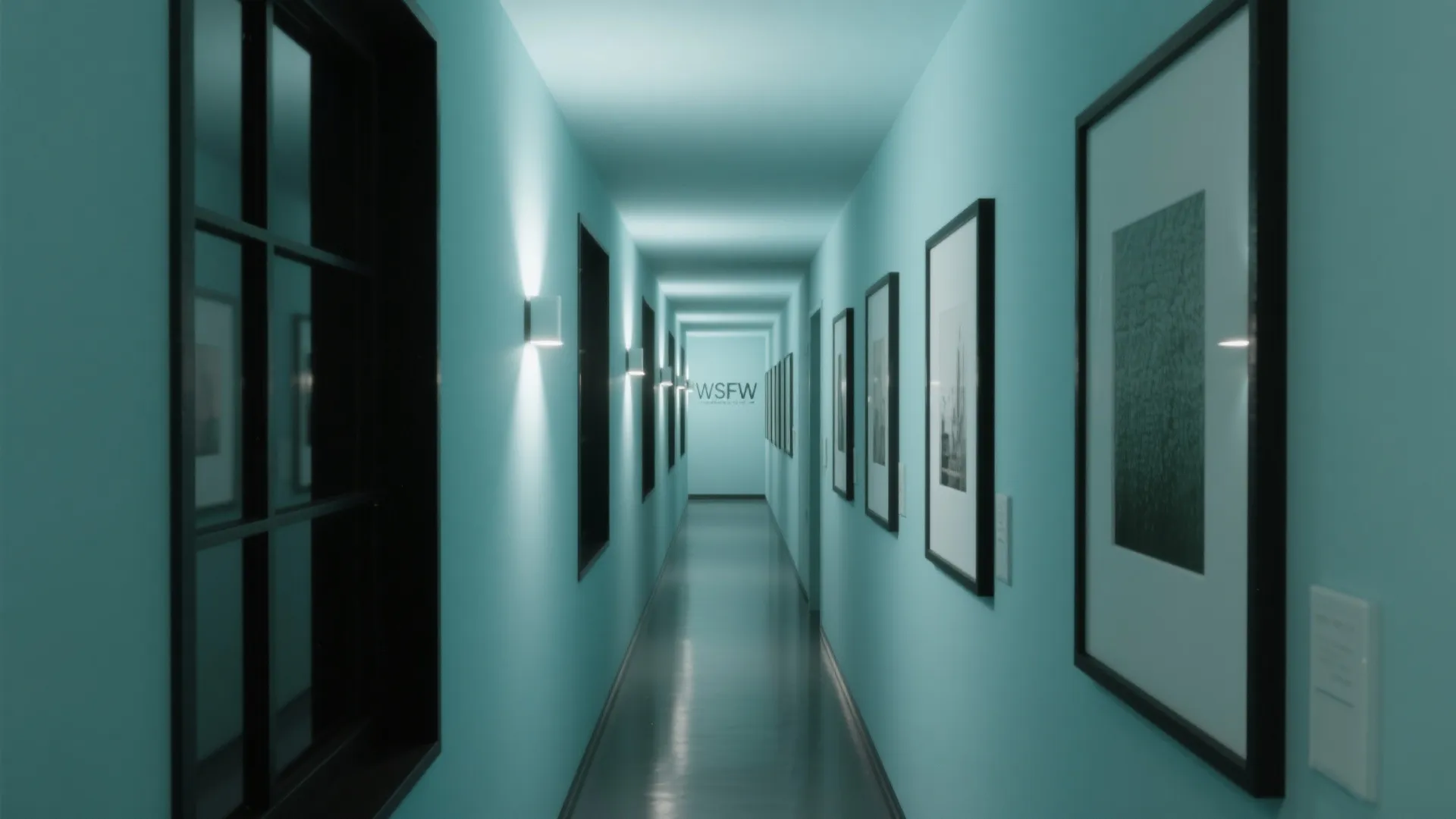 Windowless hallway in muted blue-green with black frames, sconces, and a light runner.