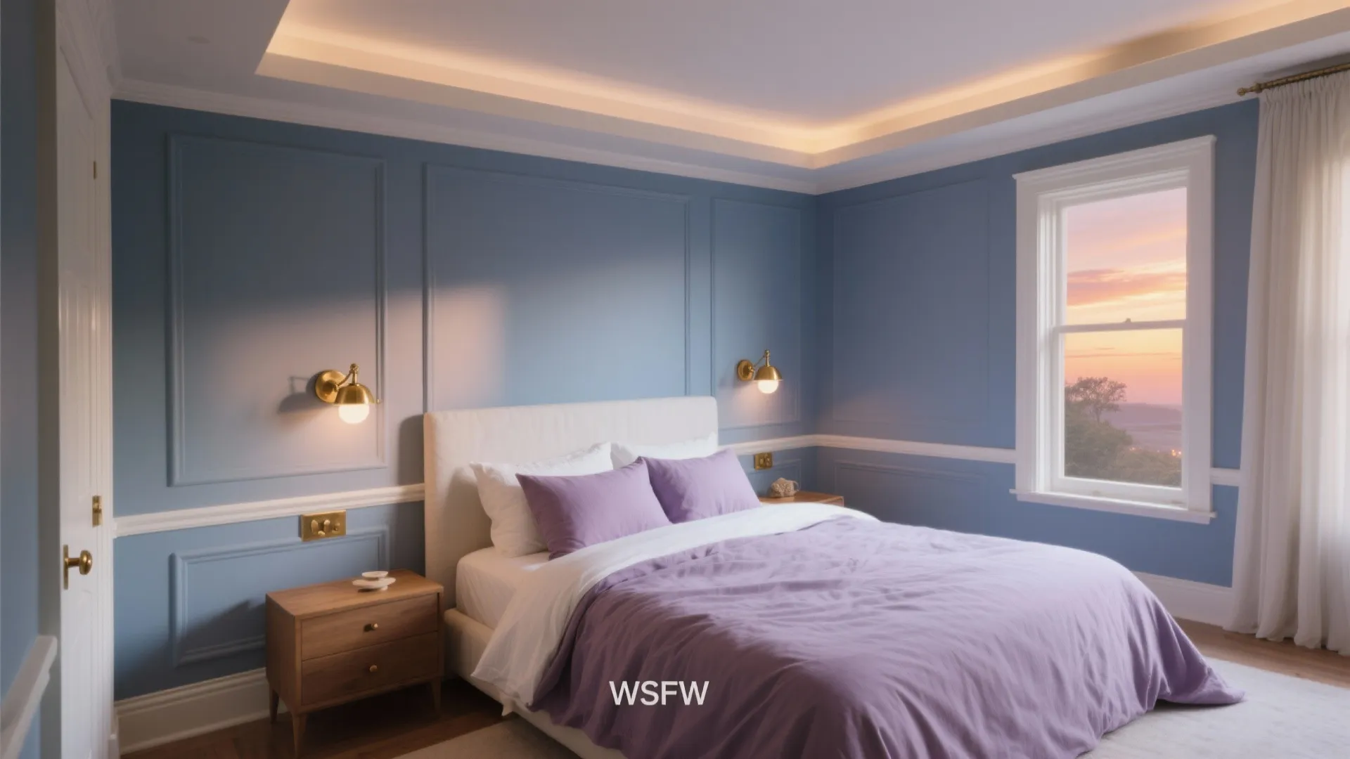 Blue bedroom with purple bedding white wall panel gold wall light and sunset through window