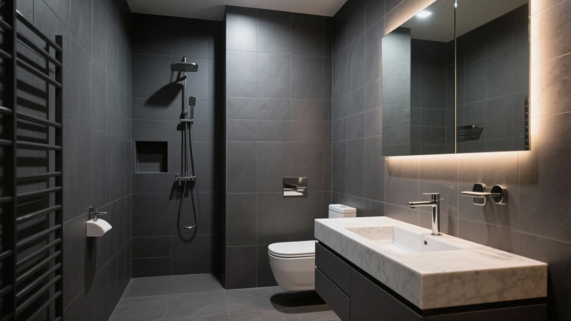 Moody Minimalism: Matte Dark Gray Tiles + Clean Lines