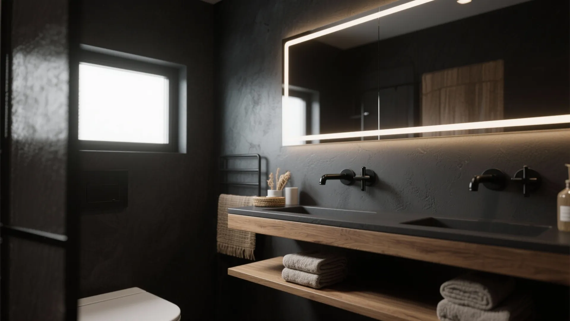 Modern dark bathroom featuring a long mirror with light black double sinks and wooden storage shelves