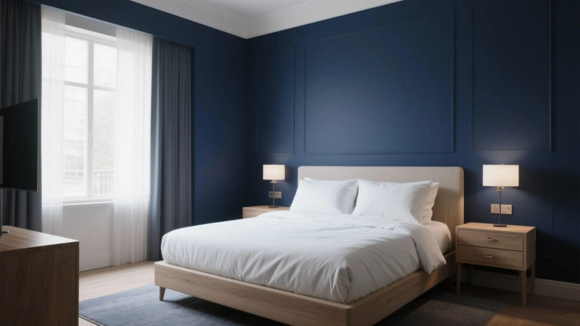 Modern bedroom featuring blue wall panels white bed sheets wooden bed frame and two lamps