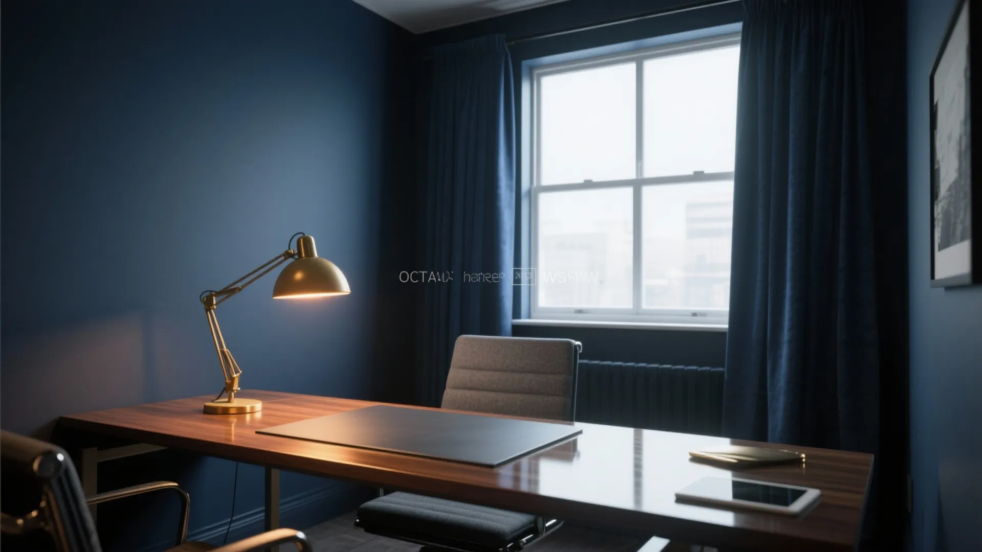 Dark home office with wooden desk, gold desk lamp, grey chair, blue curtains, and window