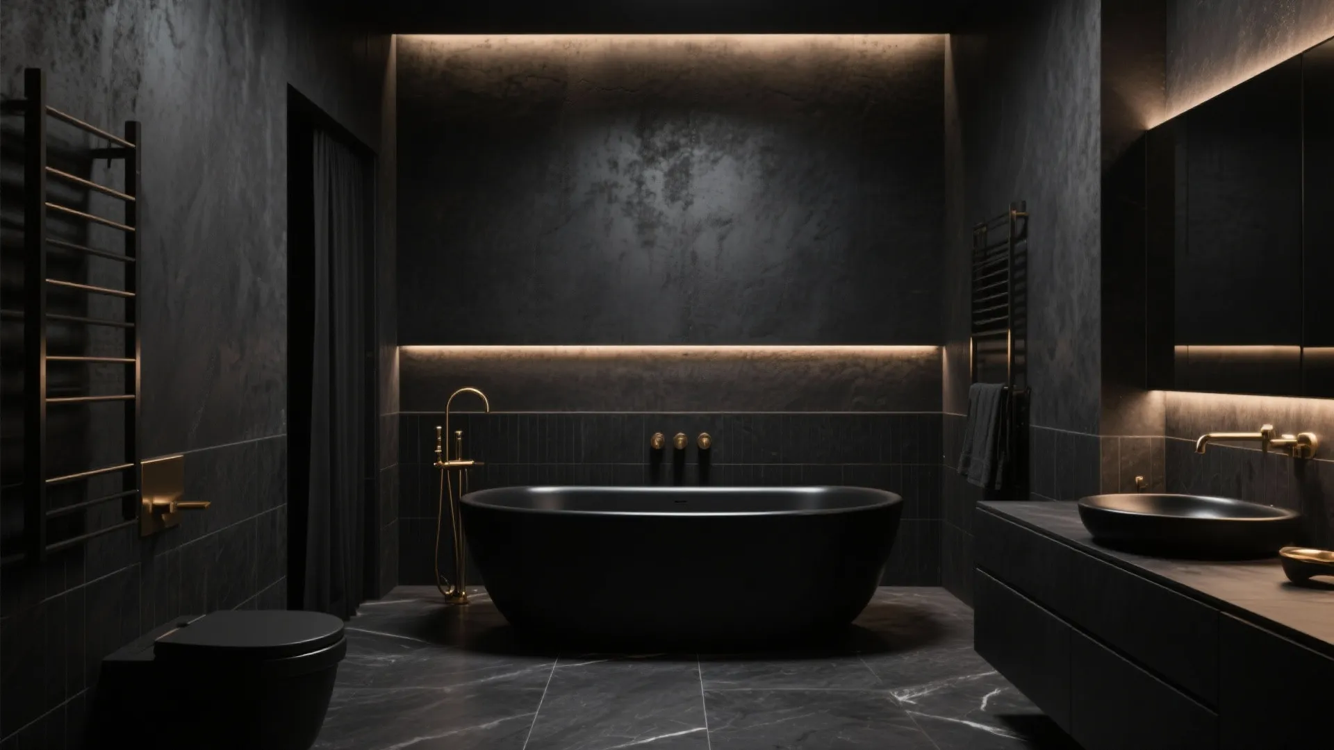 Modern dark bathroom with black bathtub gold faucets marble floor cabinet and warm wall light