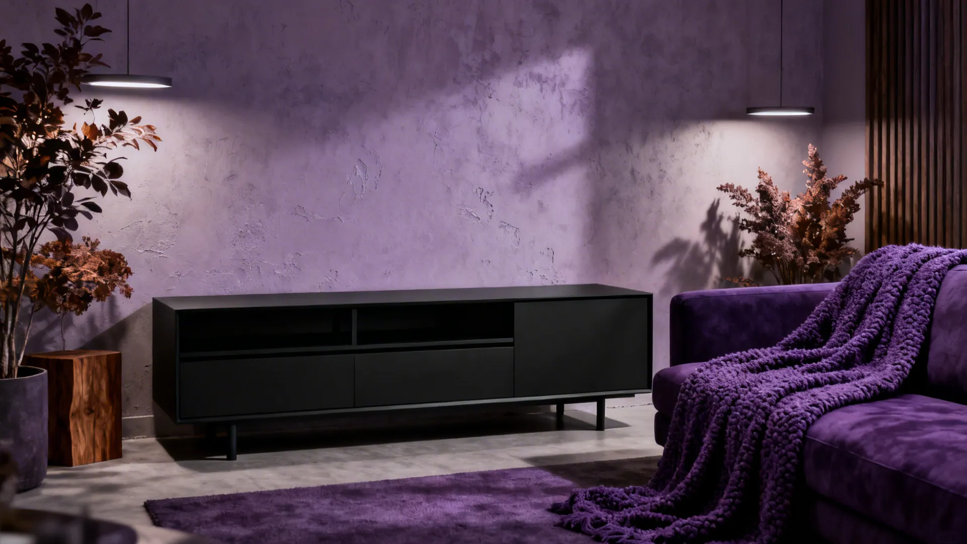 Moody monochrome living room with textured neutrals like boucle throws and a matte black console.