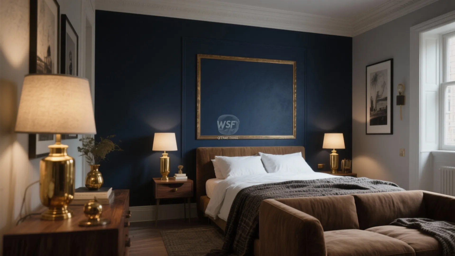 Moody bedroom with navy blue accent wall gold table lamps brown sofa and white bedding set
