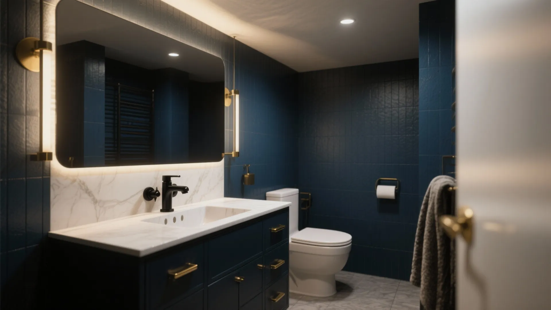 Small bathroom with a moody navy accent wall, brass hardware and matte black fixtures, well-lit to avoid feeling cramped.