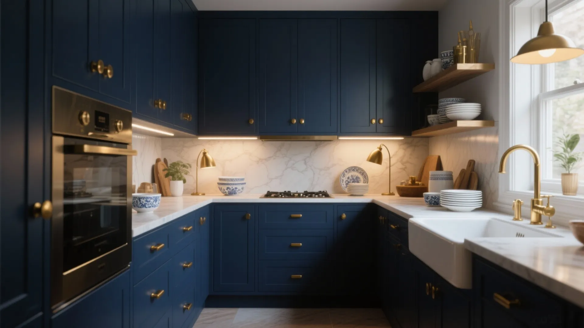 Navy blue kitchen cabinets with gold handles white marble walls brass light fixtures and sink