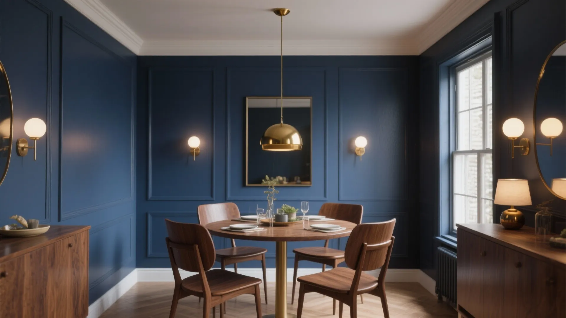 Modern dining room with navy blue wall panel round wooden table and gold wall light