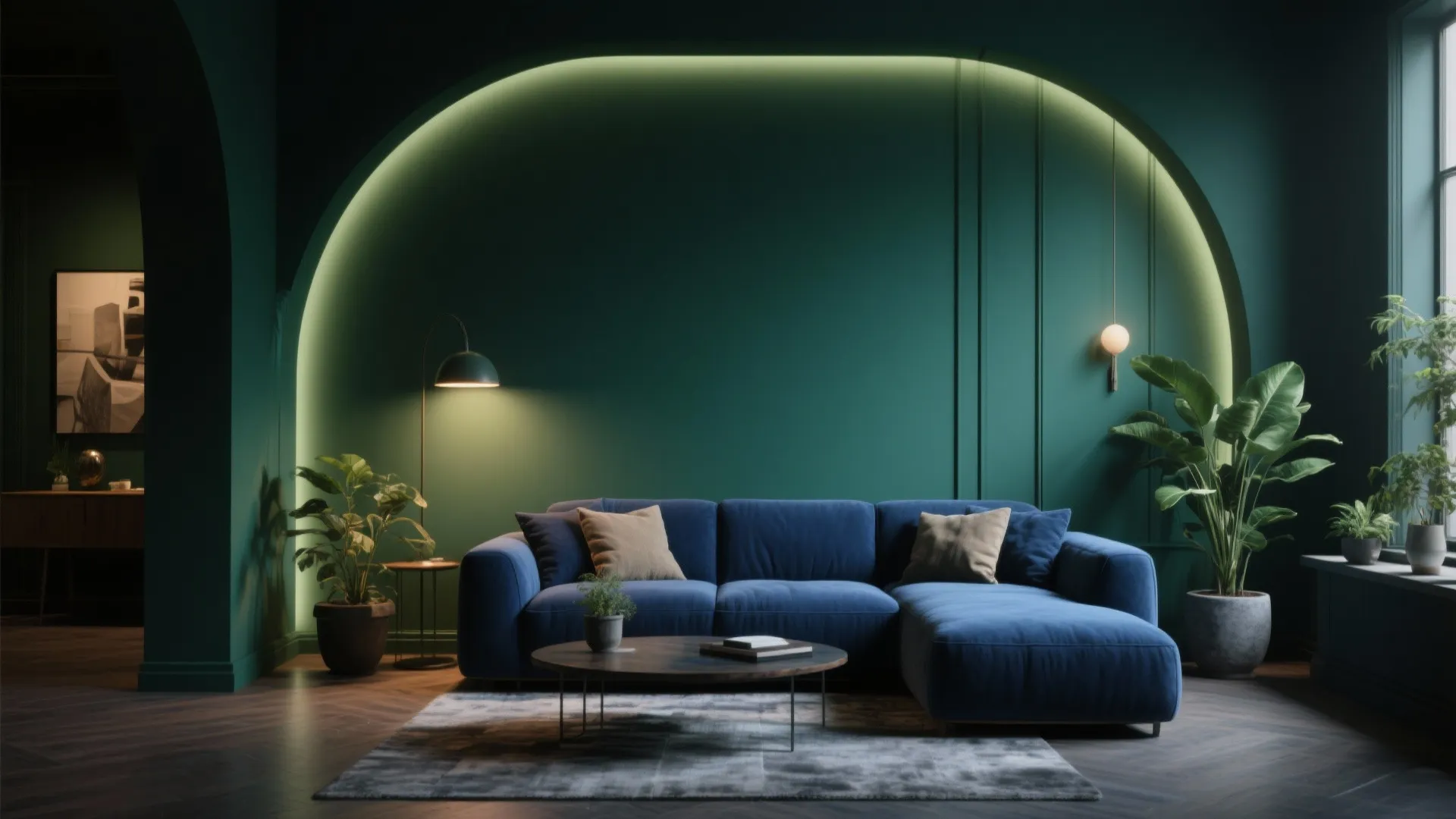 Dark green living room with blue sofa round coffee table and warm light from wall arch