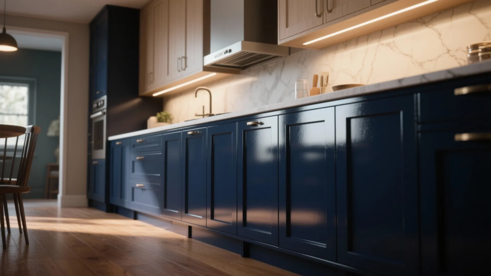 Modern kitchen with dark navy blue cabinets wooden flooring white marble backsplash and warm under cabinet lighting