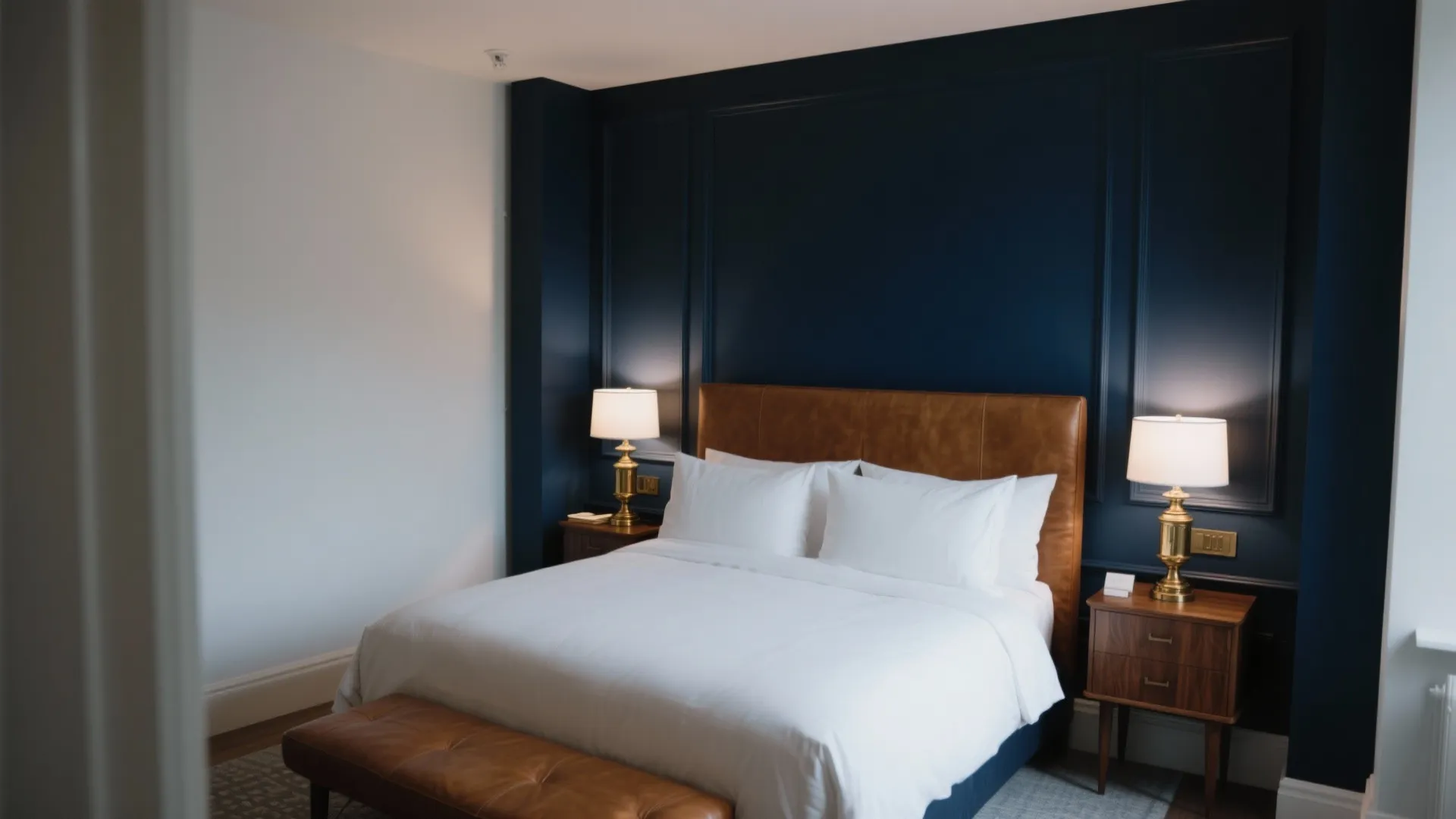 Elegant bedroom featuring navy blue wall panels, brown leather headboard, white bedding, and gold table lamps