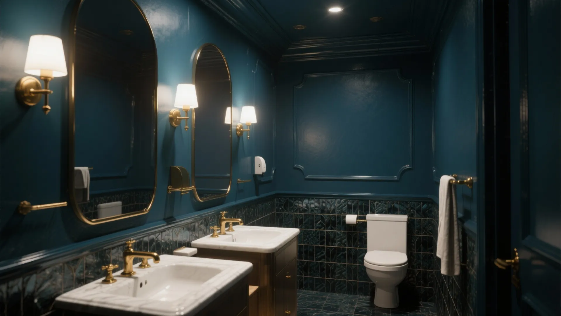 Moody powder room with deep navy walls and ceiling, brass fixtures and warm lighting for drama.