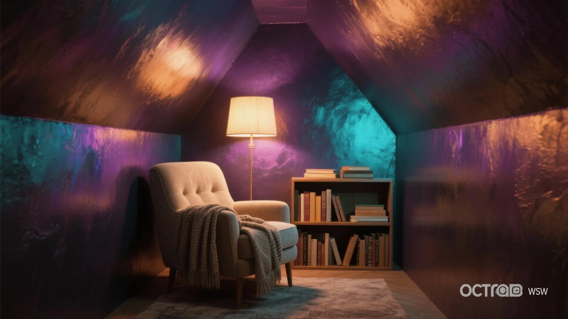 Cozy reading nook with moody iridescent paint that shifts under warm lamplight and neutral furnishings.
