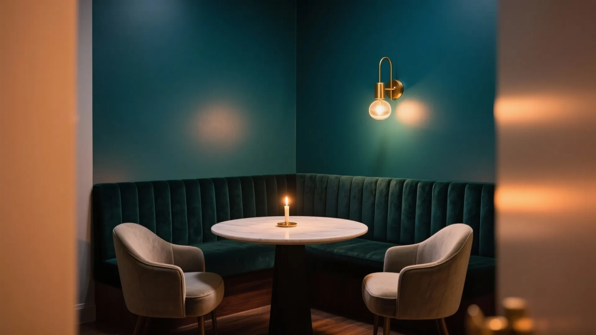 Moody teal dining nook with green velvet bench, marble table, lit candle, gold wall light