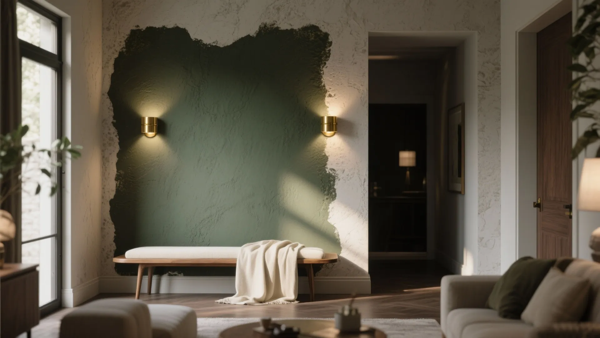 Living room with a single moody olive accent wall, brass sconces and warm wood furniture creating depth and focus.