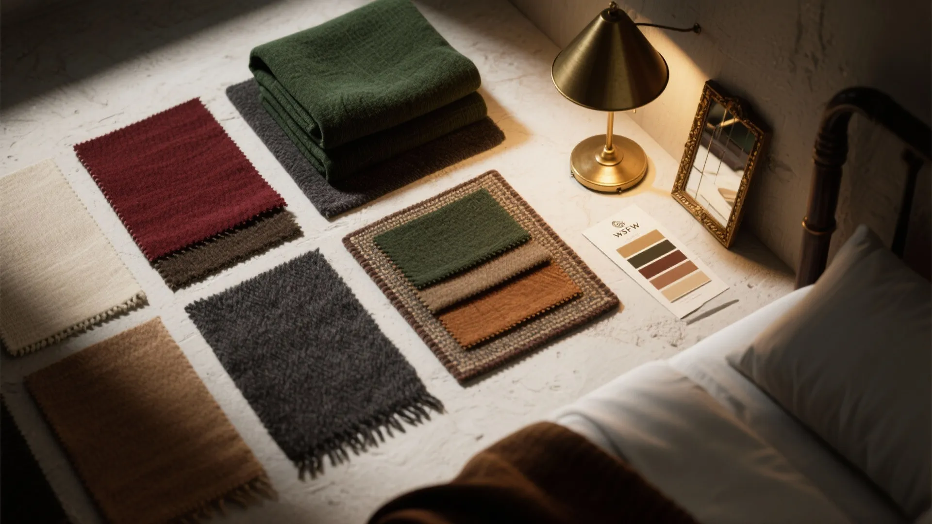 Interior design palette with fabric samples, color card, small mirror, and golden desk light fixture