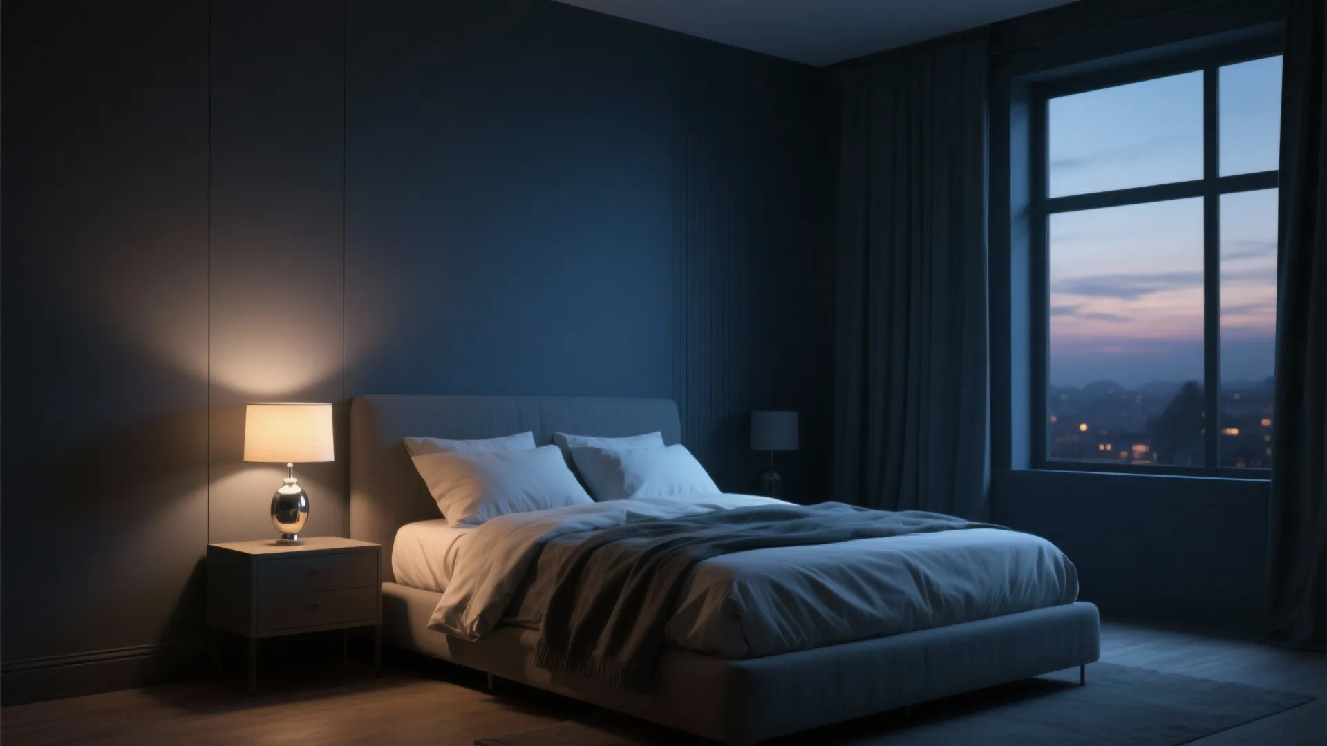 Dark blue bedroom with grey bed and table lamp next to a large sunset window
