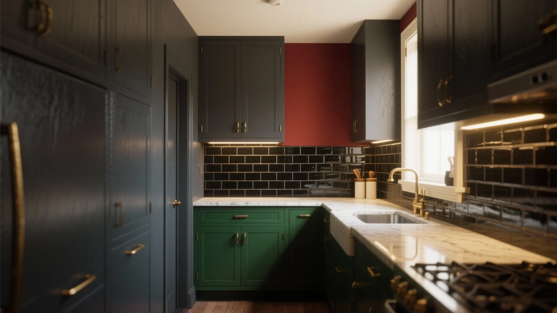 Modern kitchen featuring dark grey upper cabinets green lower cabinets black wall tiles and red wall