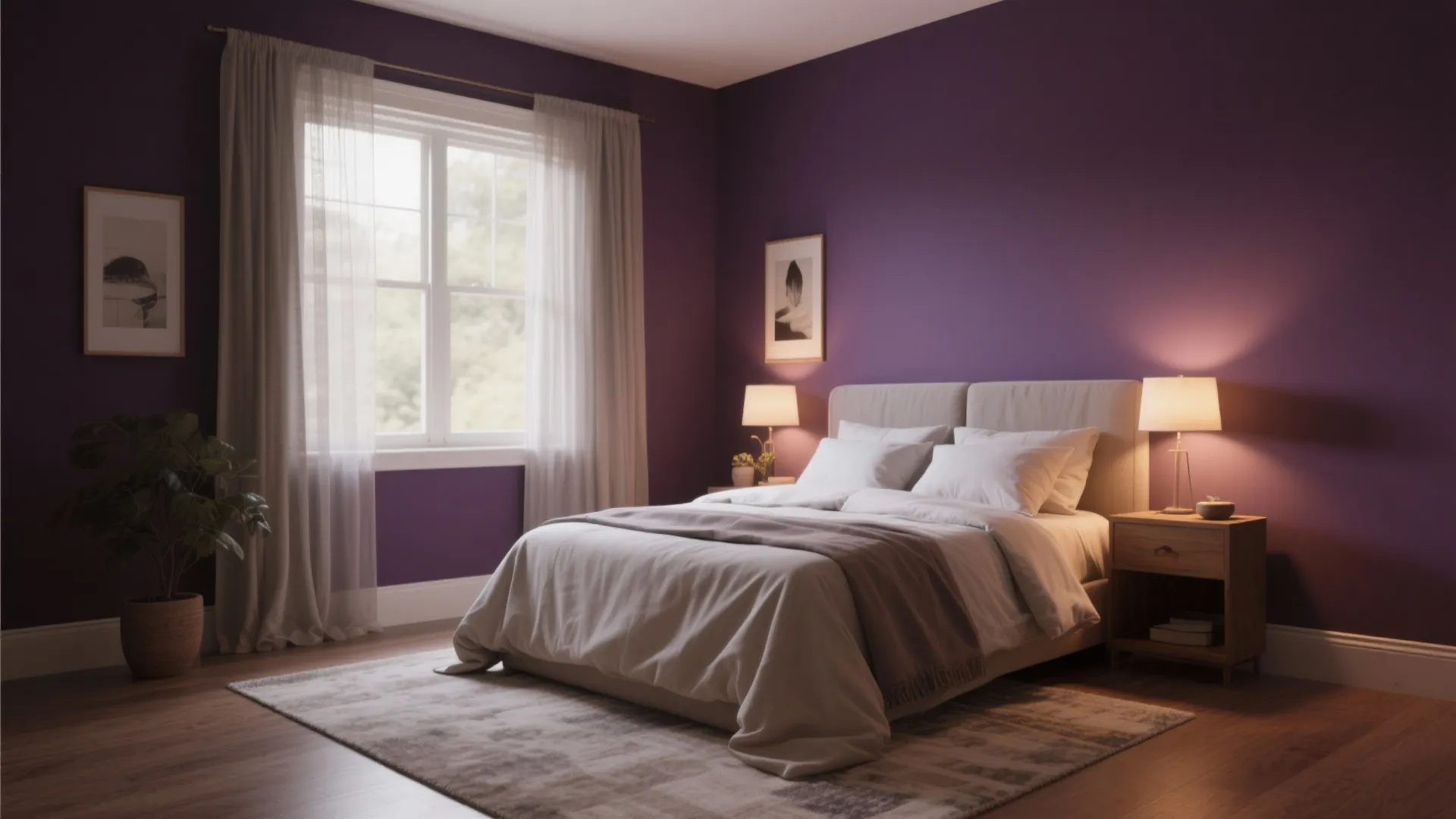 Guest bedroom with a moody plum accent wall balanced by linen sheets and semi-sheer curtains.