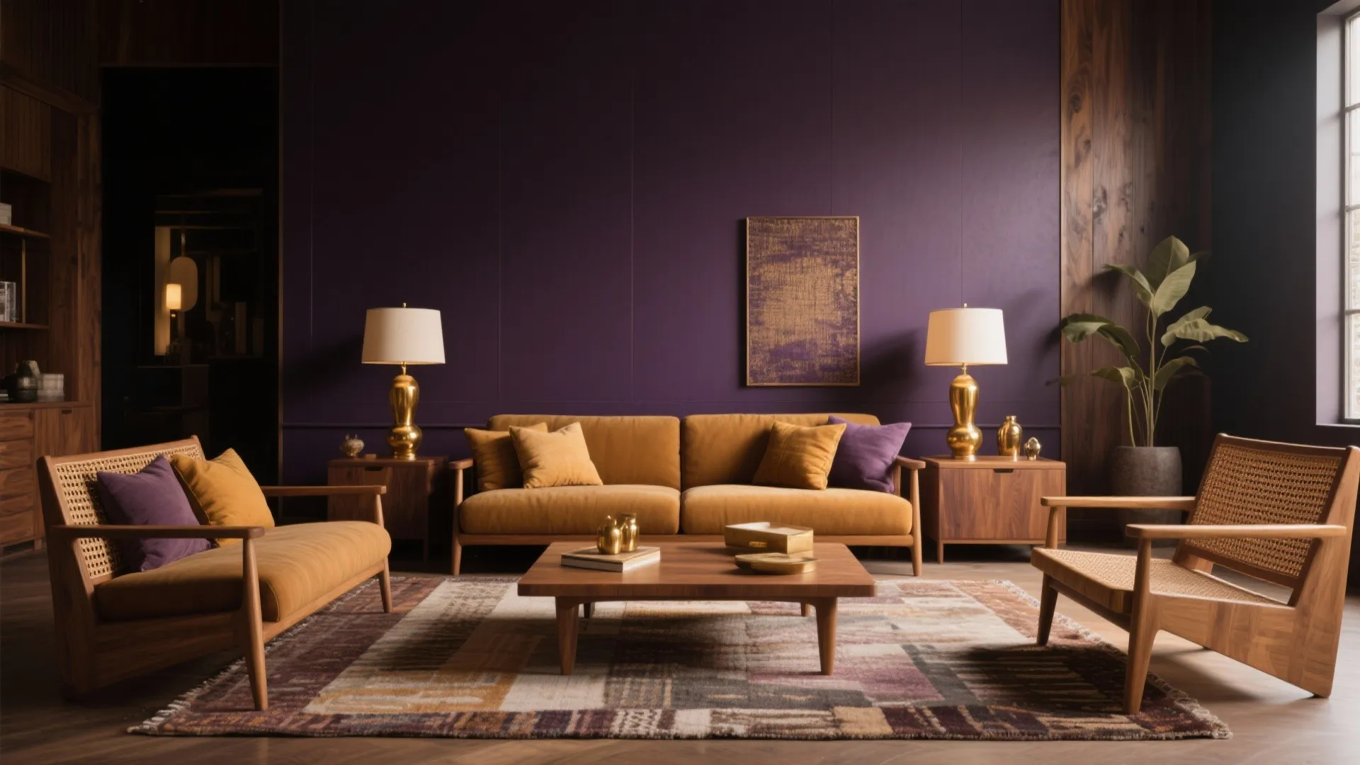 Modern living room with dark purple wall yellow sofa wooden coffee table and two table lamps