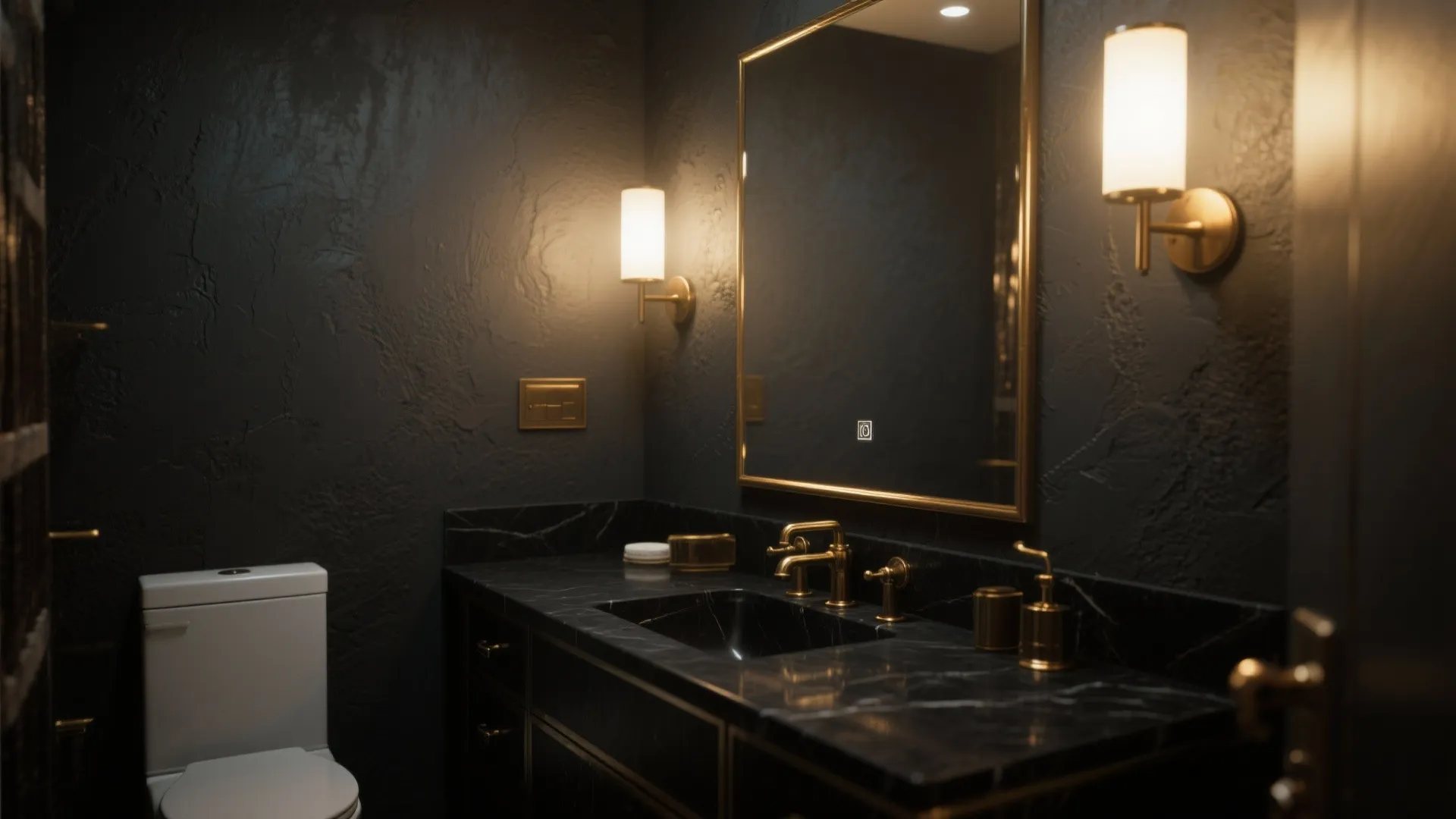 Modern dark bathroom with black marble counter gold wall light large mirror and white toilet