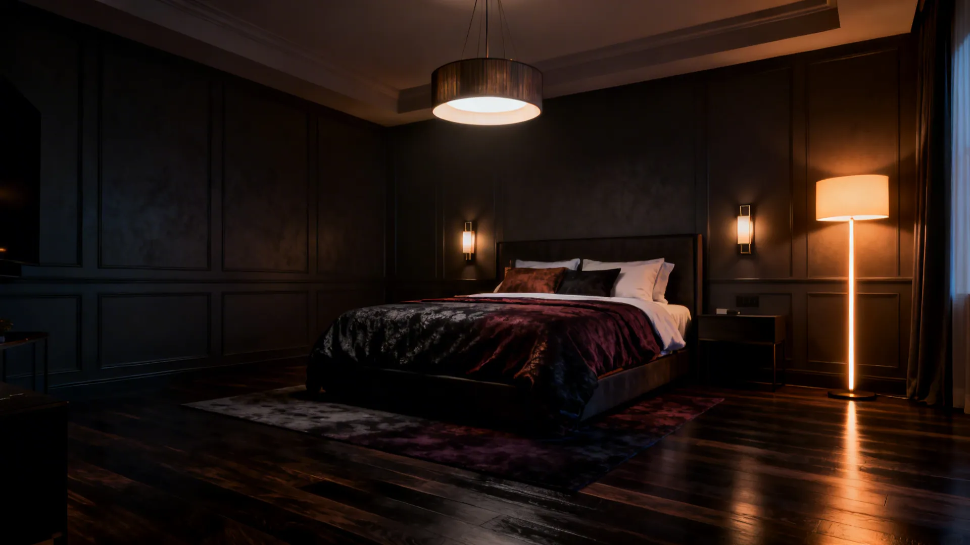 Hotel-like moody bedroom with layered warm lighting and dark hardwood floors.