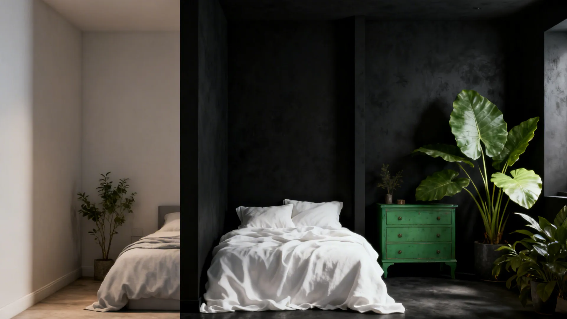 Before and after: ordinary room transformed into a moody black-and-green retreat