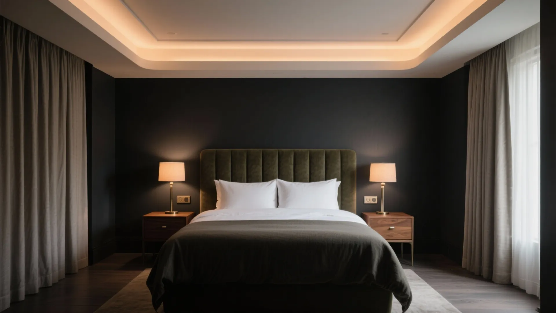 Modern dark bedroom featuring a green bed with white pillows two lamps and ceiling light