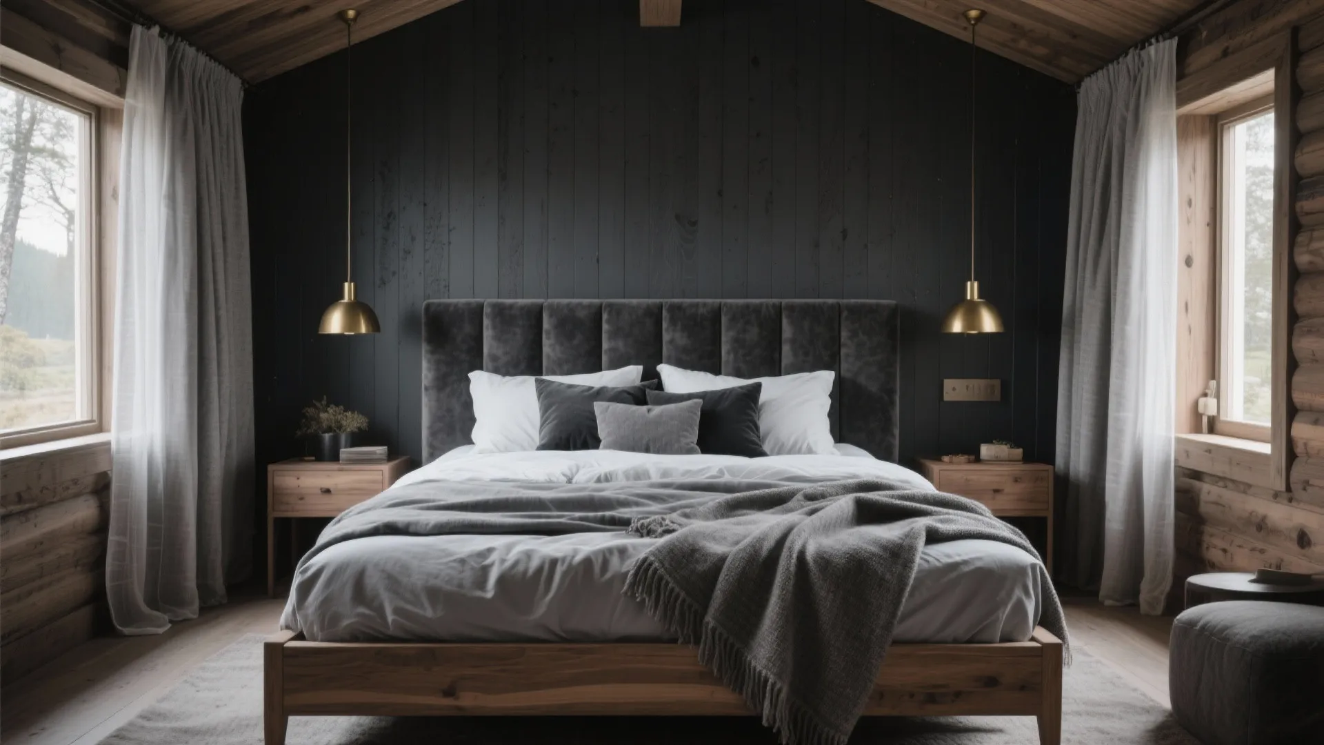 Rustic bedroom with black wood wall panel gold ceiling lights grey bed and large windows
