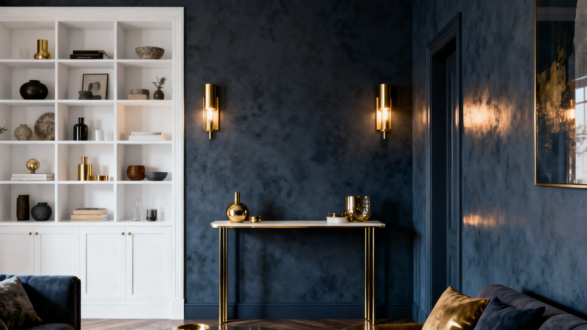 Elegant dark blue room with white wall shelves gold wall lights and slim gold console table