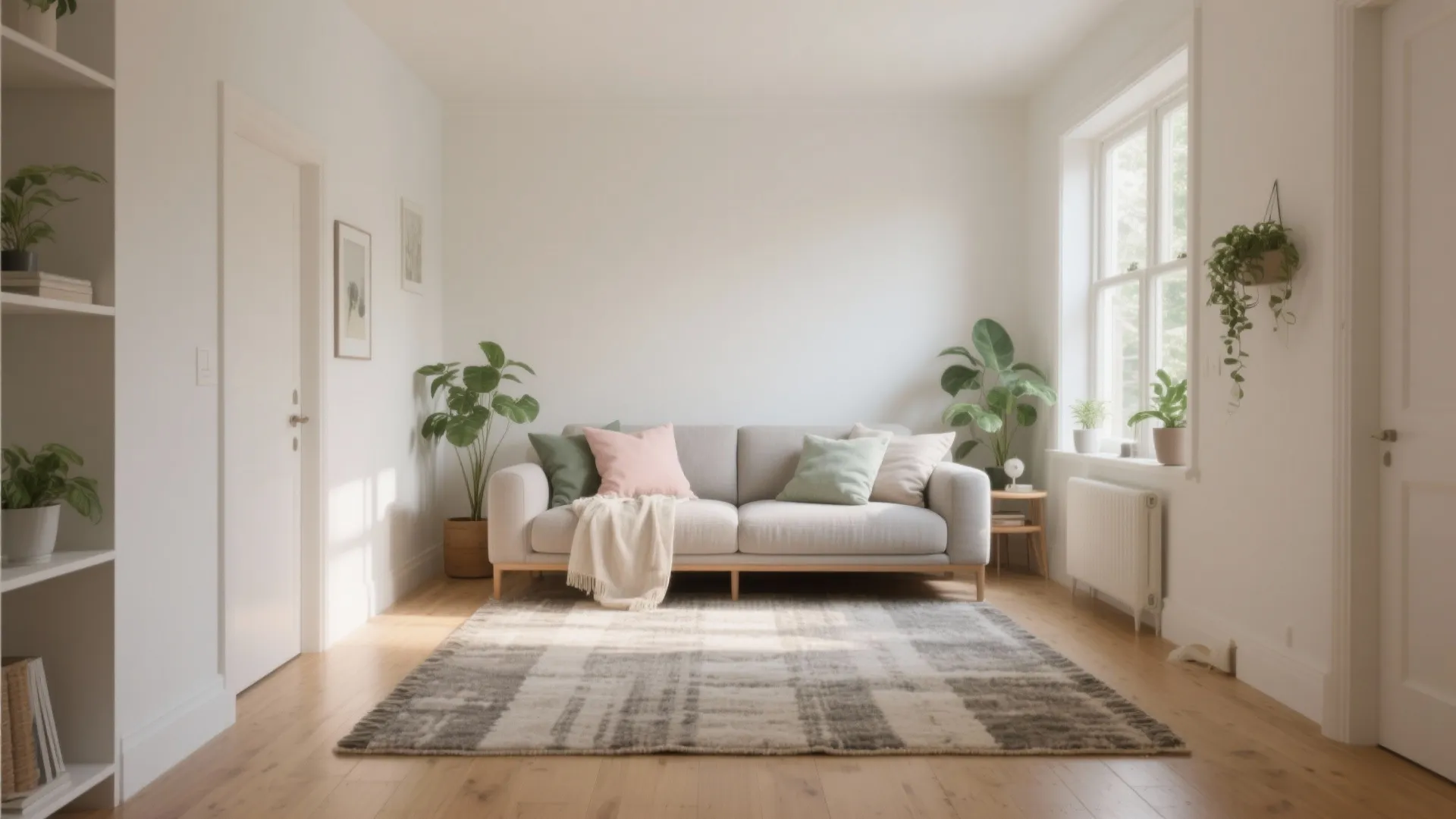Bright living room featuring grey sofa with pink pillows green indoor plants and checkered rug