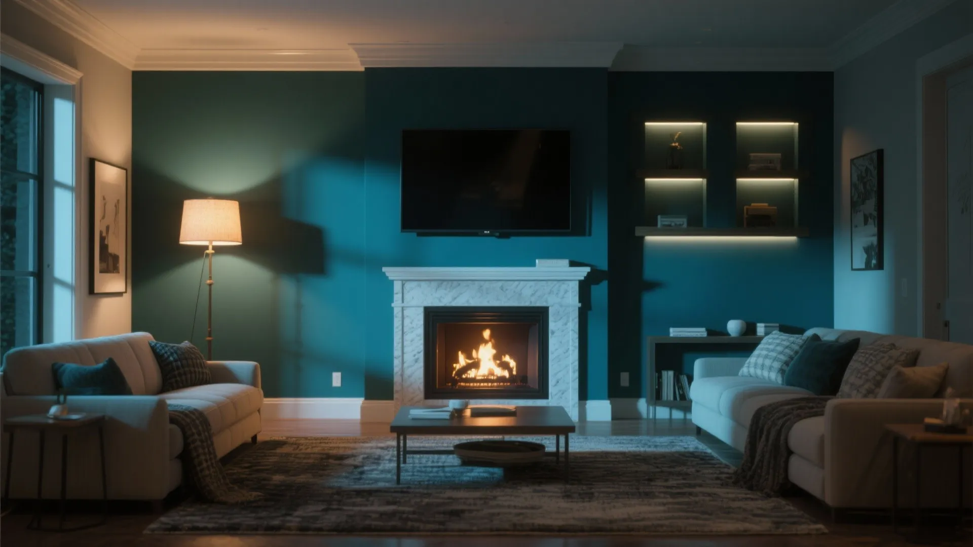 Cozy living room with dark teal walls white sofas fireplace wall light and warm lamp