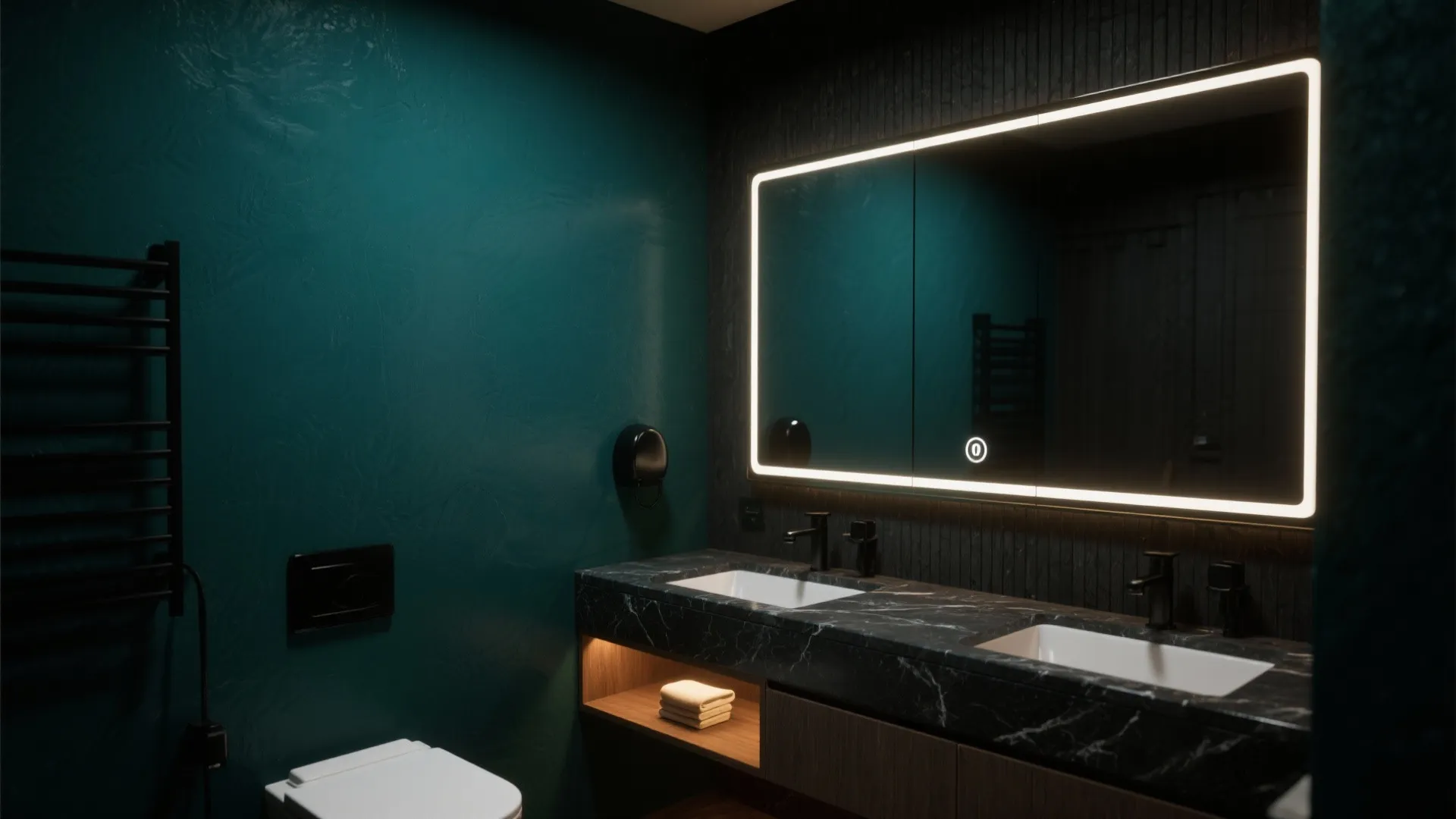Modern dark teal bathroom featuring black marble cabinet double sink and large light mirror fixture