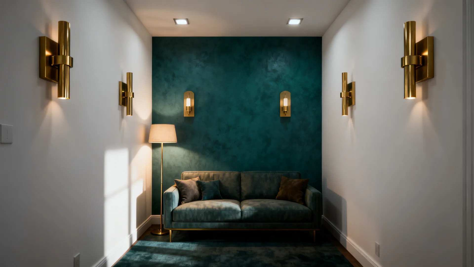 Small living room focal wall painted moody teal with brass lighting and white surrounding walls.