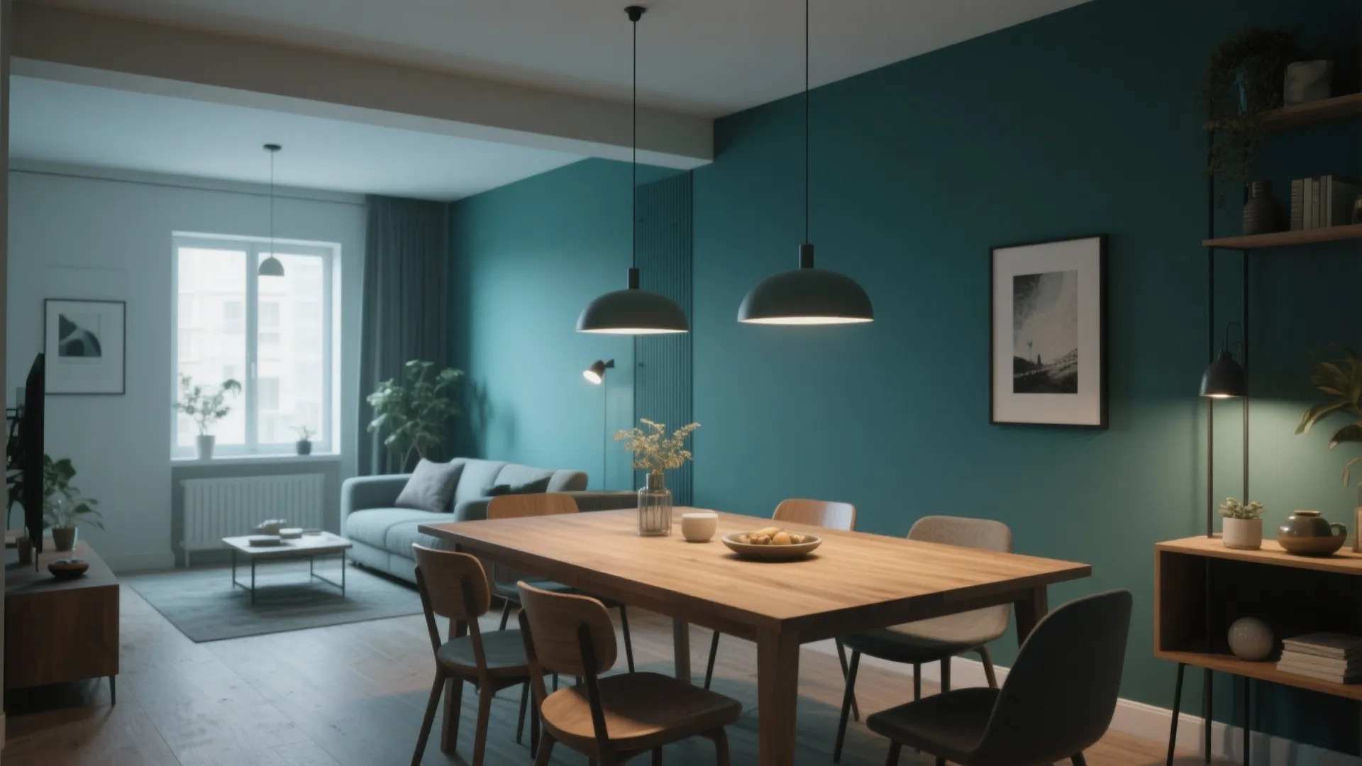 Moody teal dining zone in studio apartment