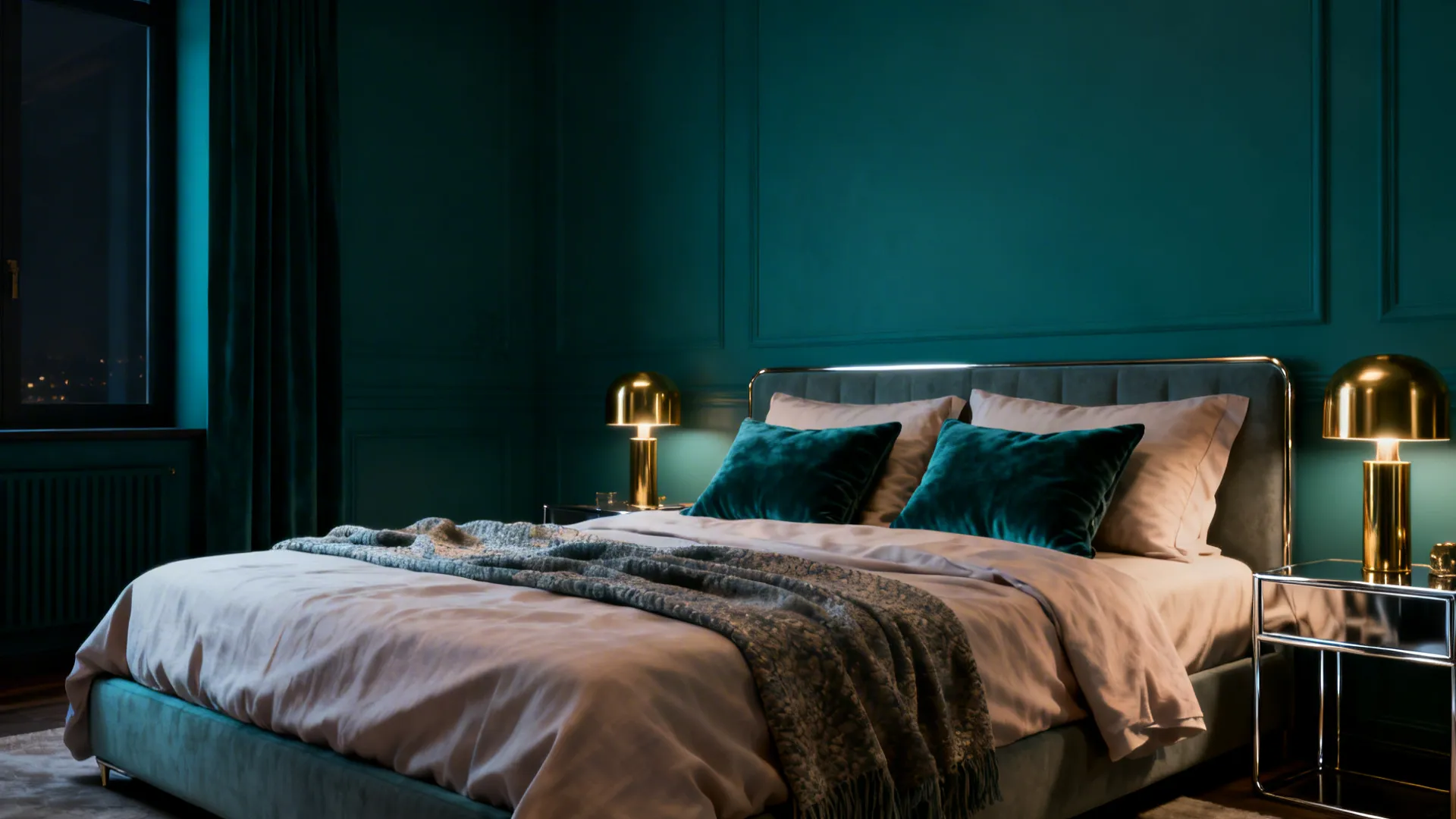 Intimate small master bedroom with moody teal walls, pale linens and metallic accents.