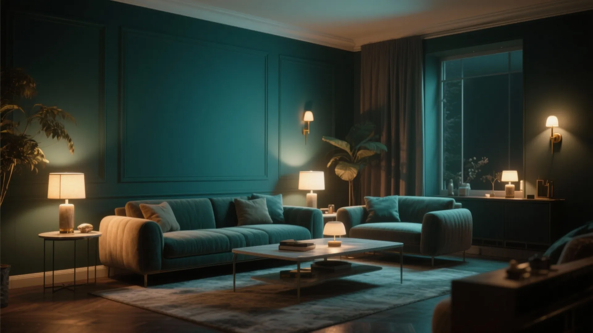 Dark teal living room featuring wall panel design with warm table lamp and wall light lighting