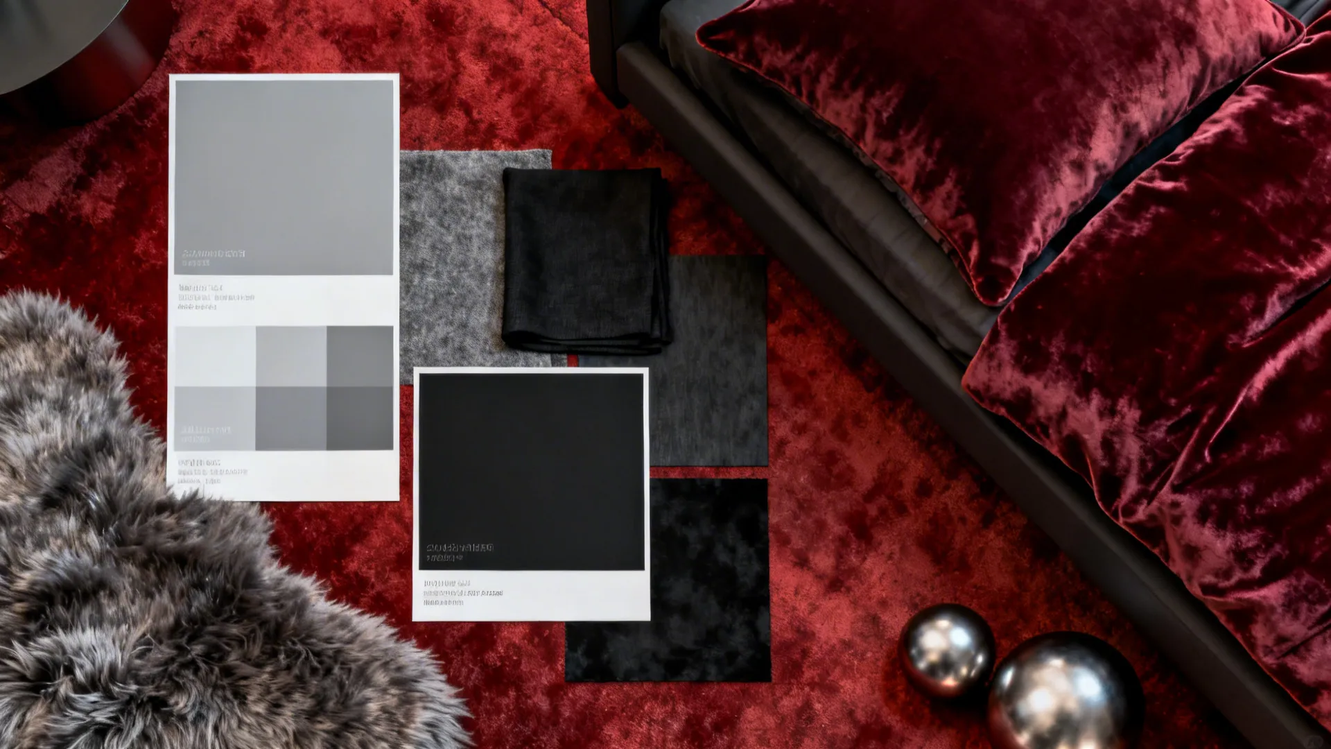 Flatlay of fabric and material swatches in red, black and grey