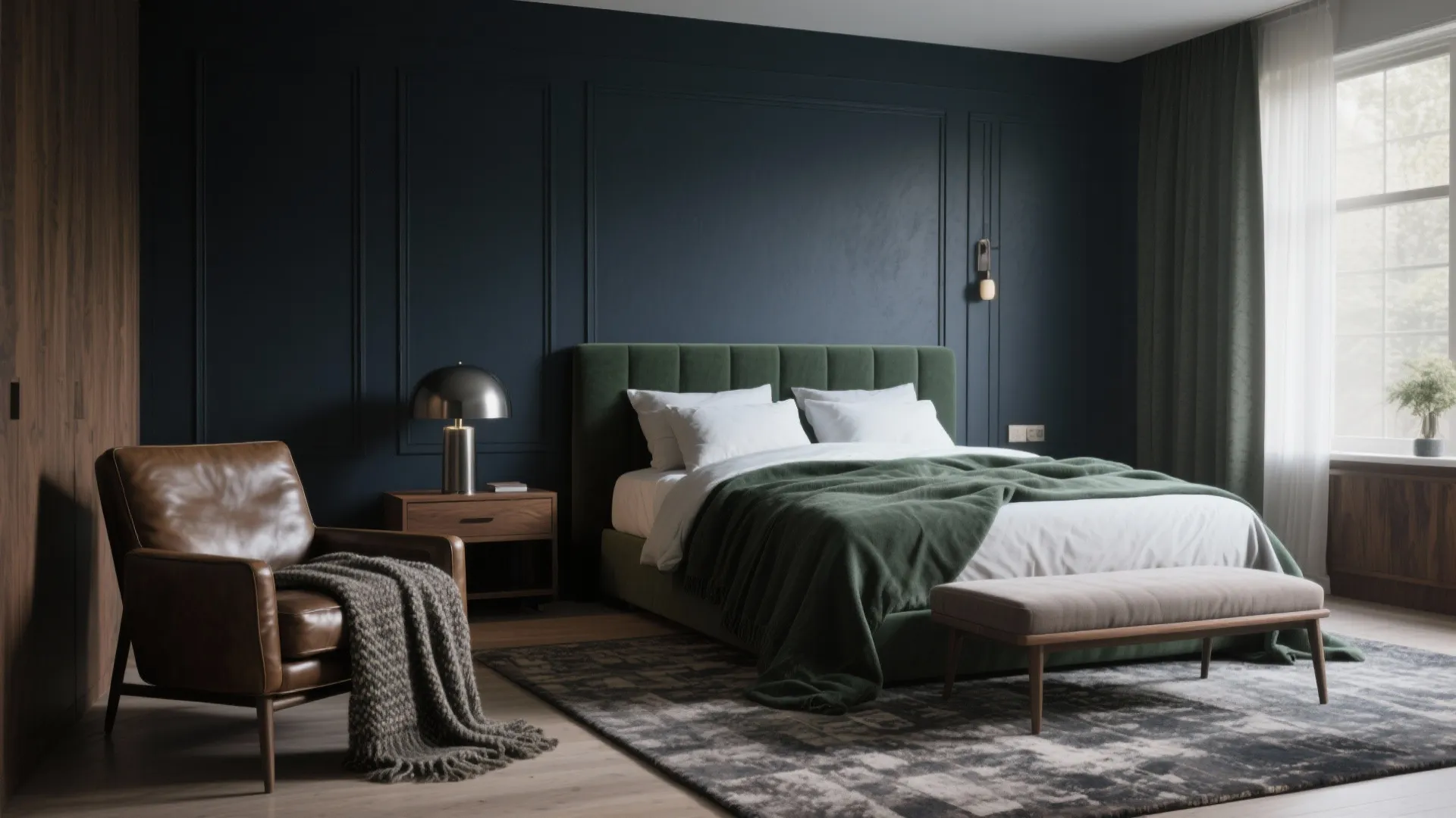Dark blue bedroom with green velvet bed leather armchair patterned rug footrest and large bright window