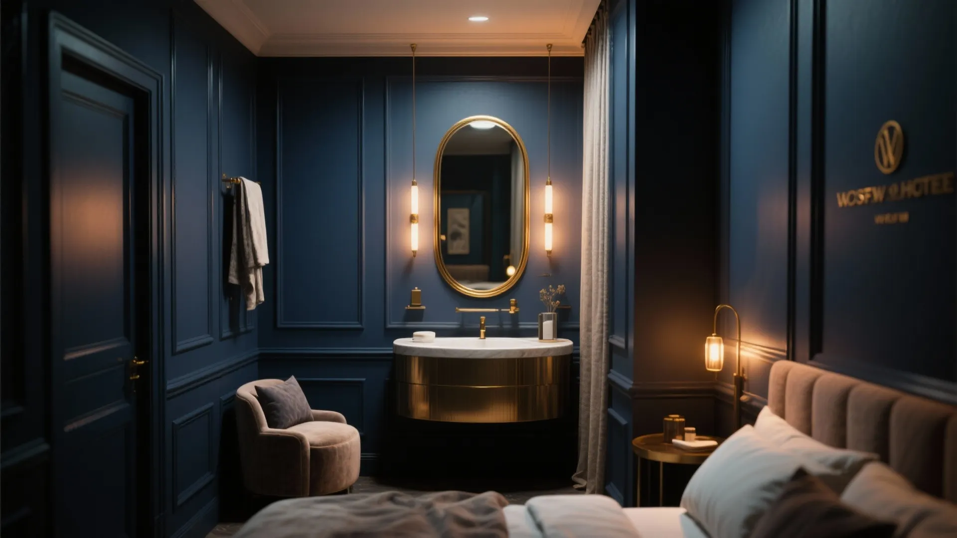 Luxury dark blue bedroom featuring a gold sink cabinet wall light mirror and wall panel