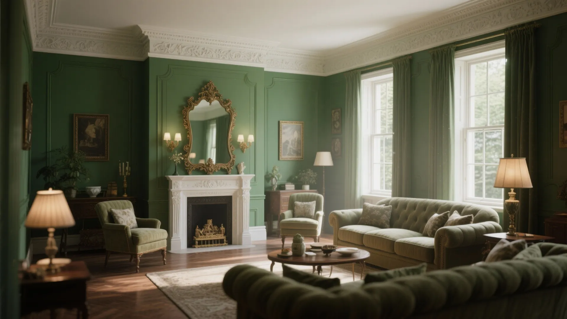 Classic living room with green walls white fireplace golden mirror green sofa and light wood floor