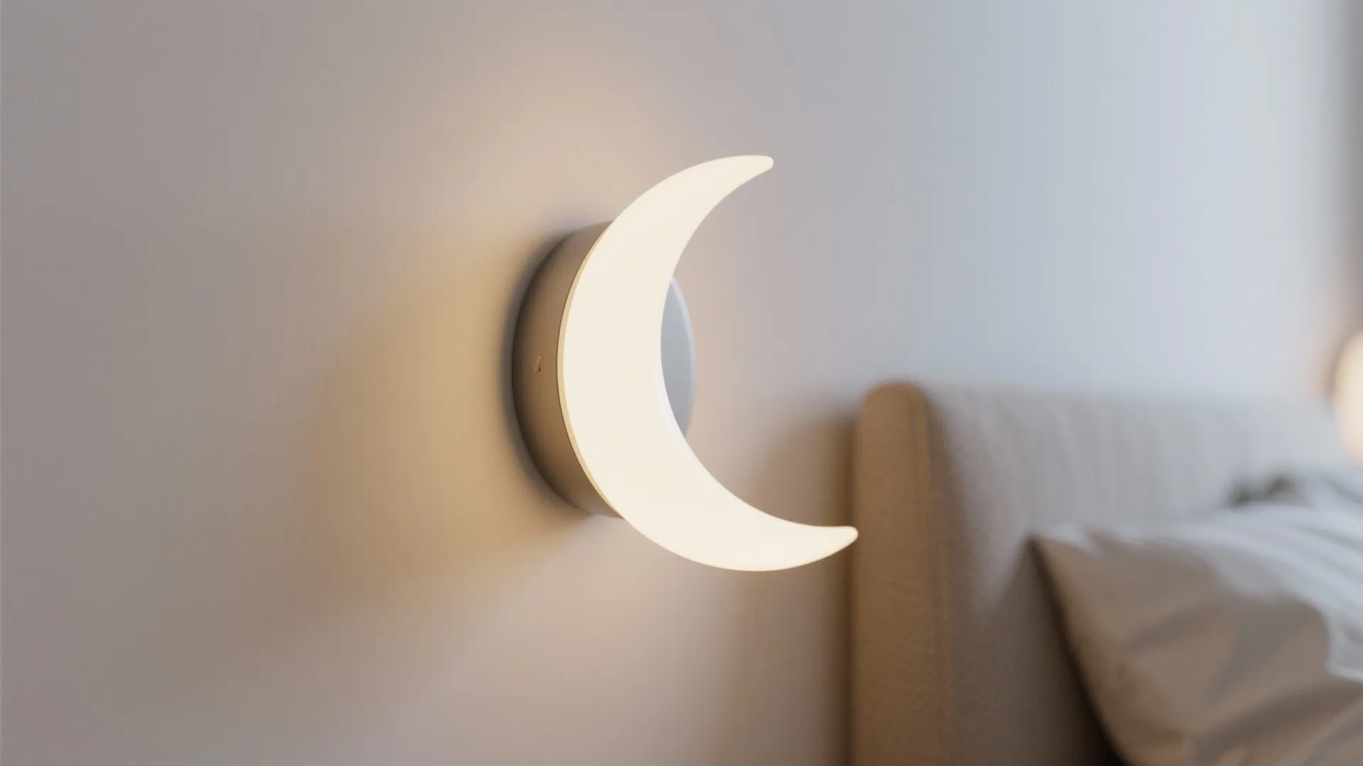 Modern moon shaped wall light installed above a comfortable bed with soft pillows and bedding