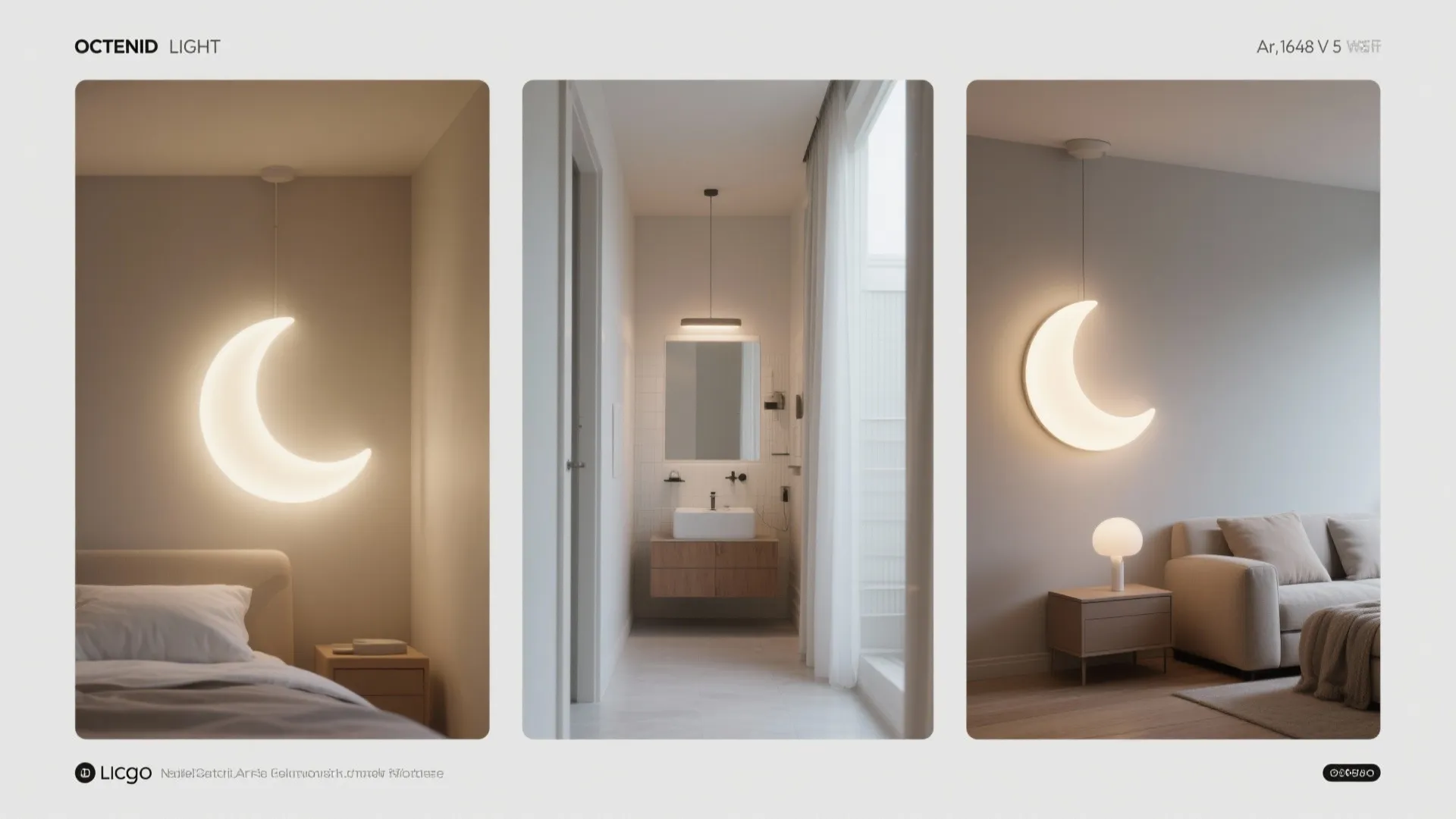 Three interior design drawings showing moon ceiling lights in a bedroom bathroom and living room