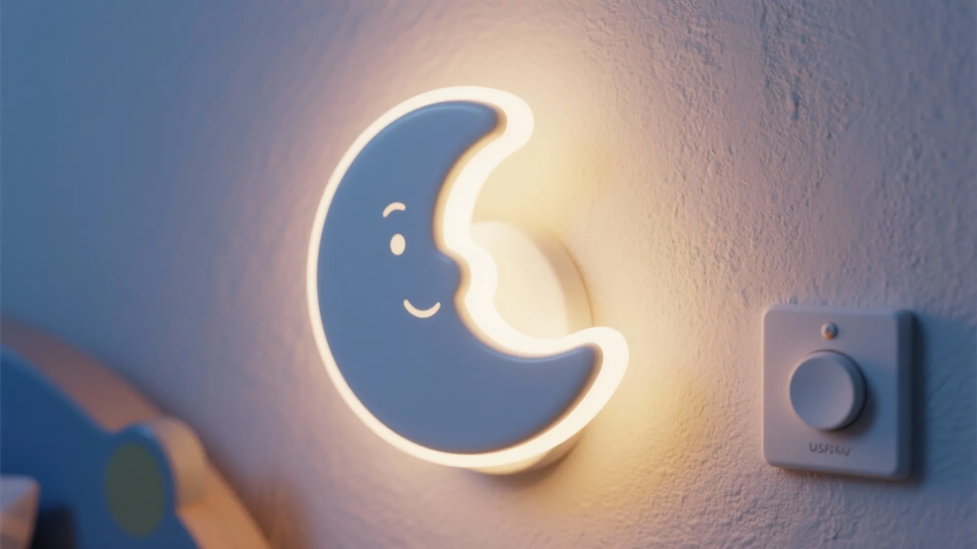Macro view of a moon-shaped wall light casting a soft halo for a gentle nightlight.