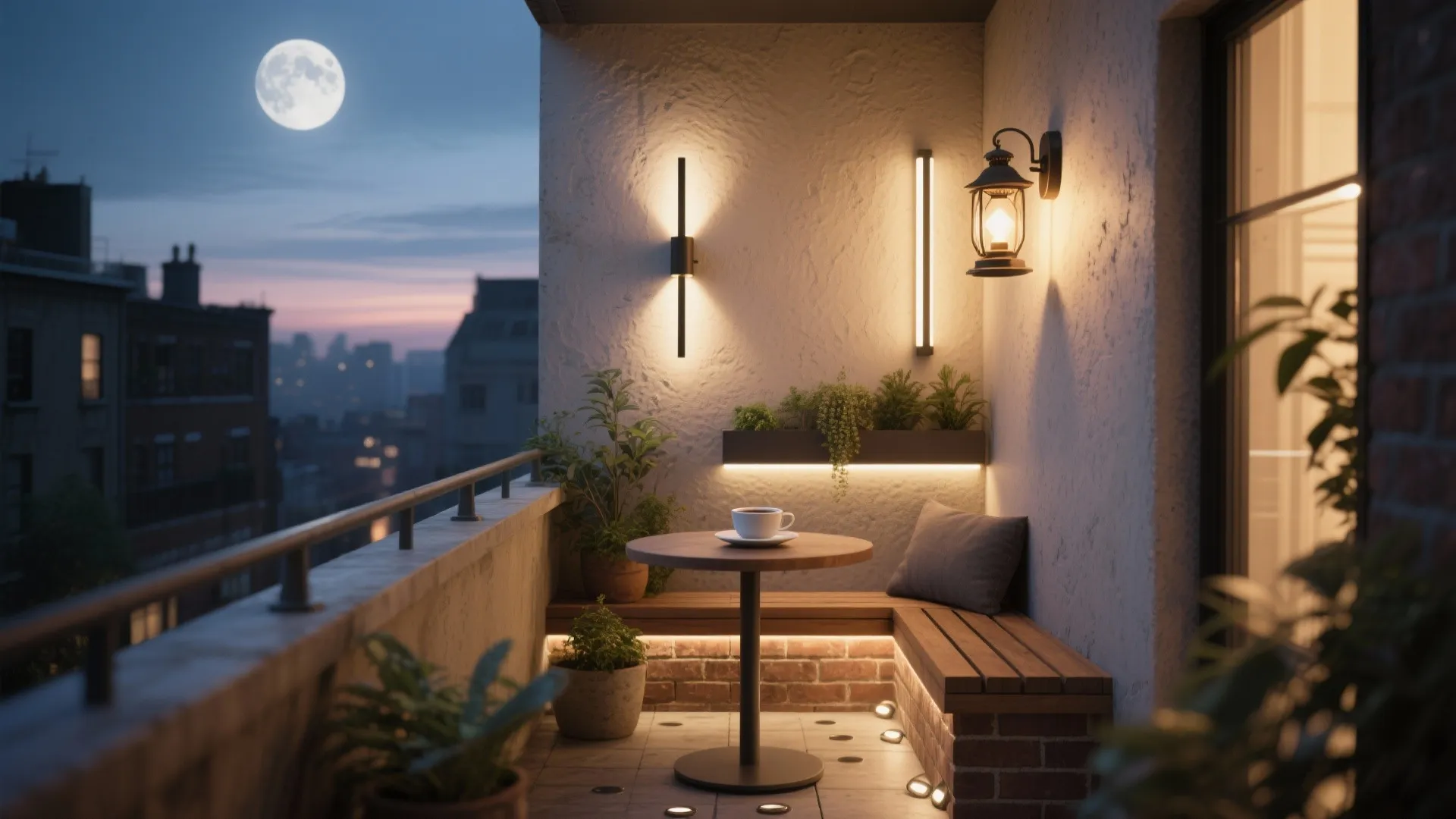 Modern cozy balcony at night with wooden bench small round table wall lights and plants